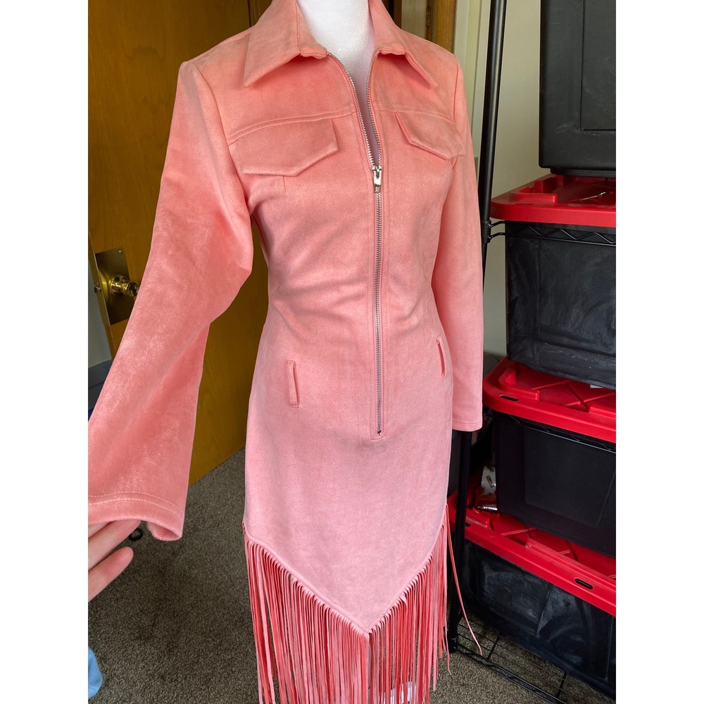 Suede Fringe Western Pink Maxi Dress NWT Small Zip Front Cowgirl Festival Boho - Picture 2 of 5